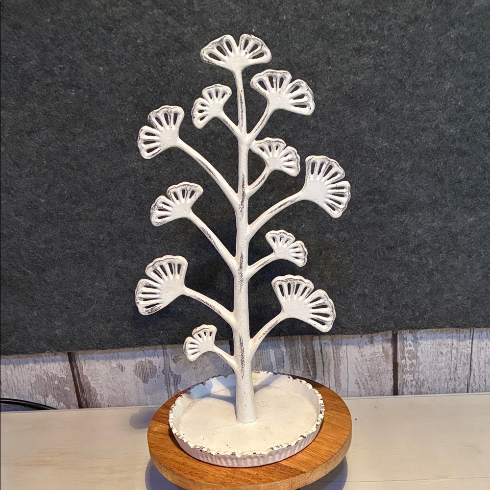 Chic White Metal Jewelry Tree Stand with Ginkgo leaves.
